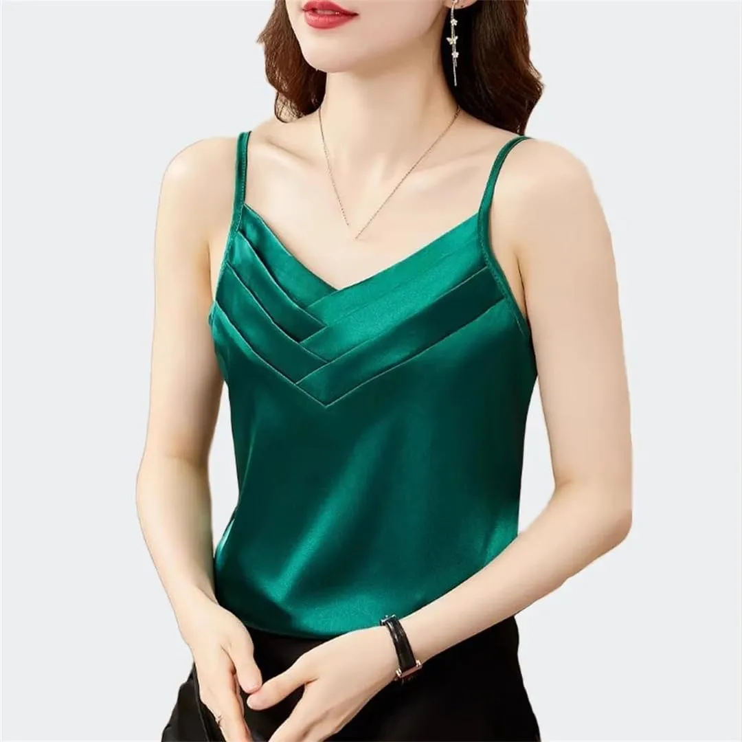 Sexy Casual Pleated Tank Tops Women Fashion Sleeveless Loose Satin Camisole Vest Female Basic Tops Vintage Clothing