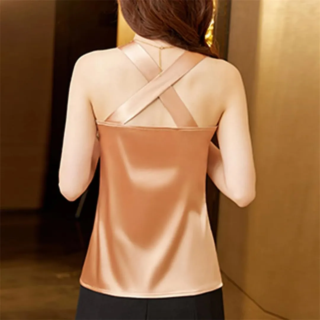 Sexy Casual Pleated Tank Tops Women Fashion Sleeveless Loose Satin Camisole Vest Female Basic Tops Vintage Clothing
