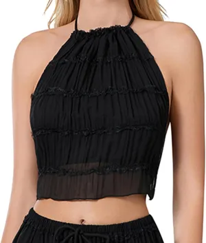 Sexy Open Back Halter Tops for Women Tie Backless Ruffle Crop Tops Sleeveless Pleated Summer Going Out Camisoles