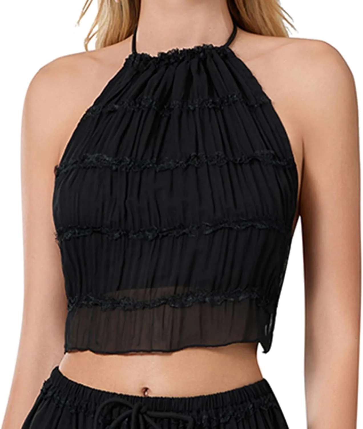Sexy Open Back Halter Tops for Women Tie Backless Ruffle Crop Tops Sleeveless Pleated Summer Going Out Camisoles