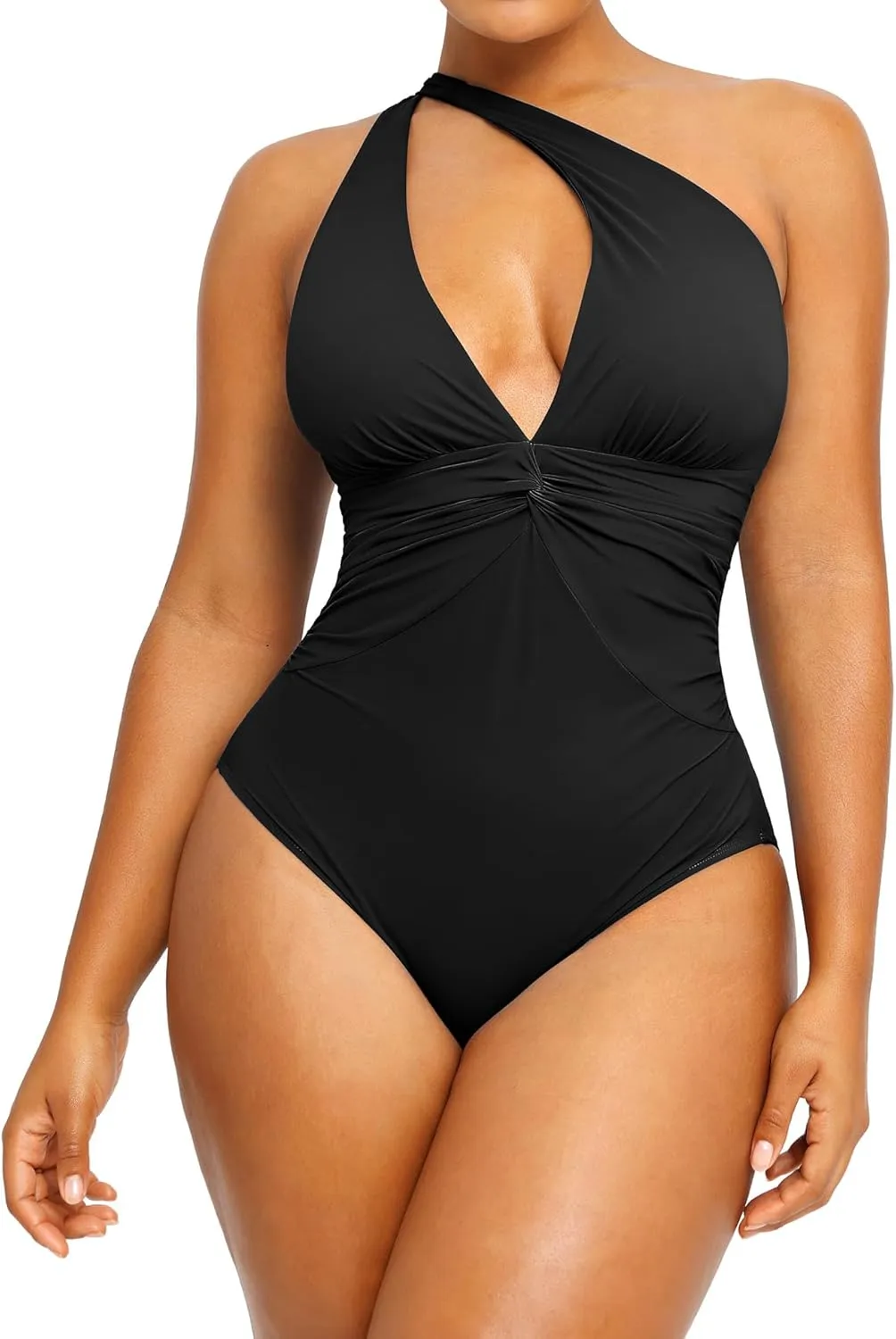 SHAPELLX Women's One Piece Swimsuit Tummy Control Ruched Full Coverage Bathing Suit V Neck Slimming Swimwear