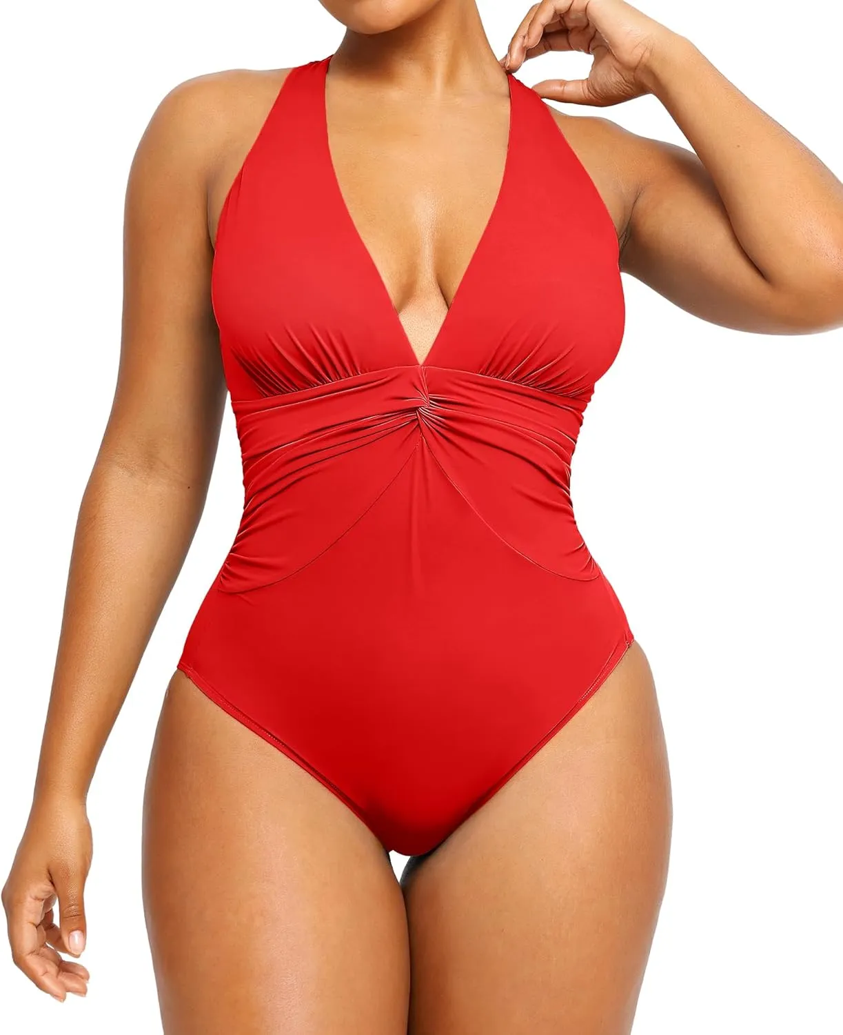SHAPELLX Women's One Piece Swimsuit Tummy Control Ruched Full Coverage Bathing Suit V Neck Slimming Swimwear