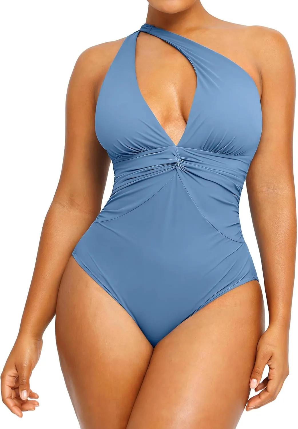 SHAPELLX Women's One Piece Swimsuit Tummy Control Ruched Full Coverage Bathing Suit V Neck Slimming Swimwear