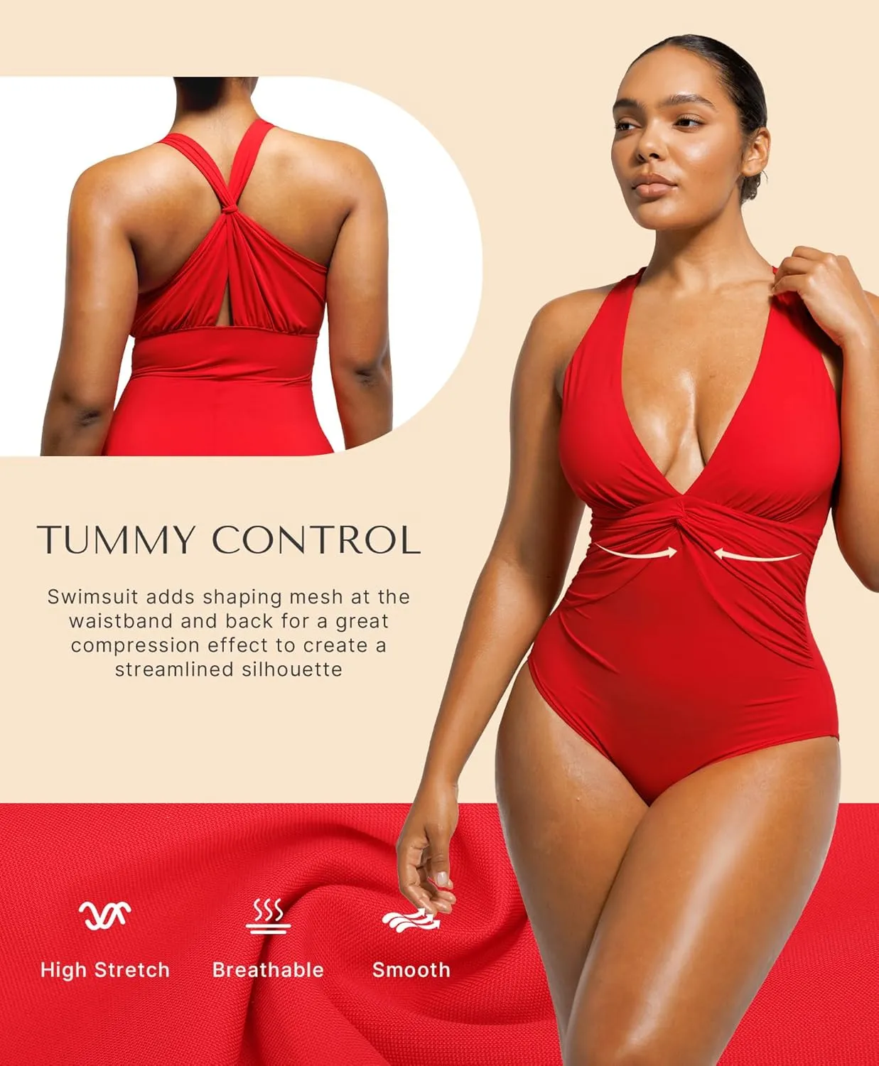 SHAPELLX Women's One Piece Swimsuit Tummy Control Ruched Full Coverage Bathing Suit V Neck Slimming Swimwear