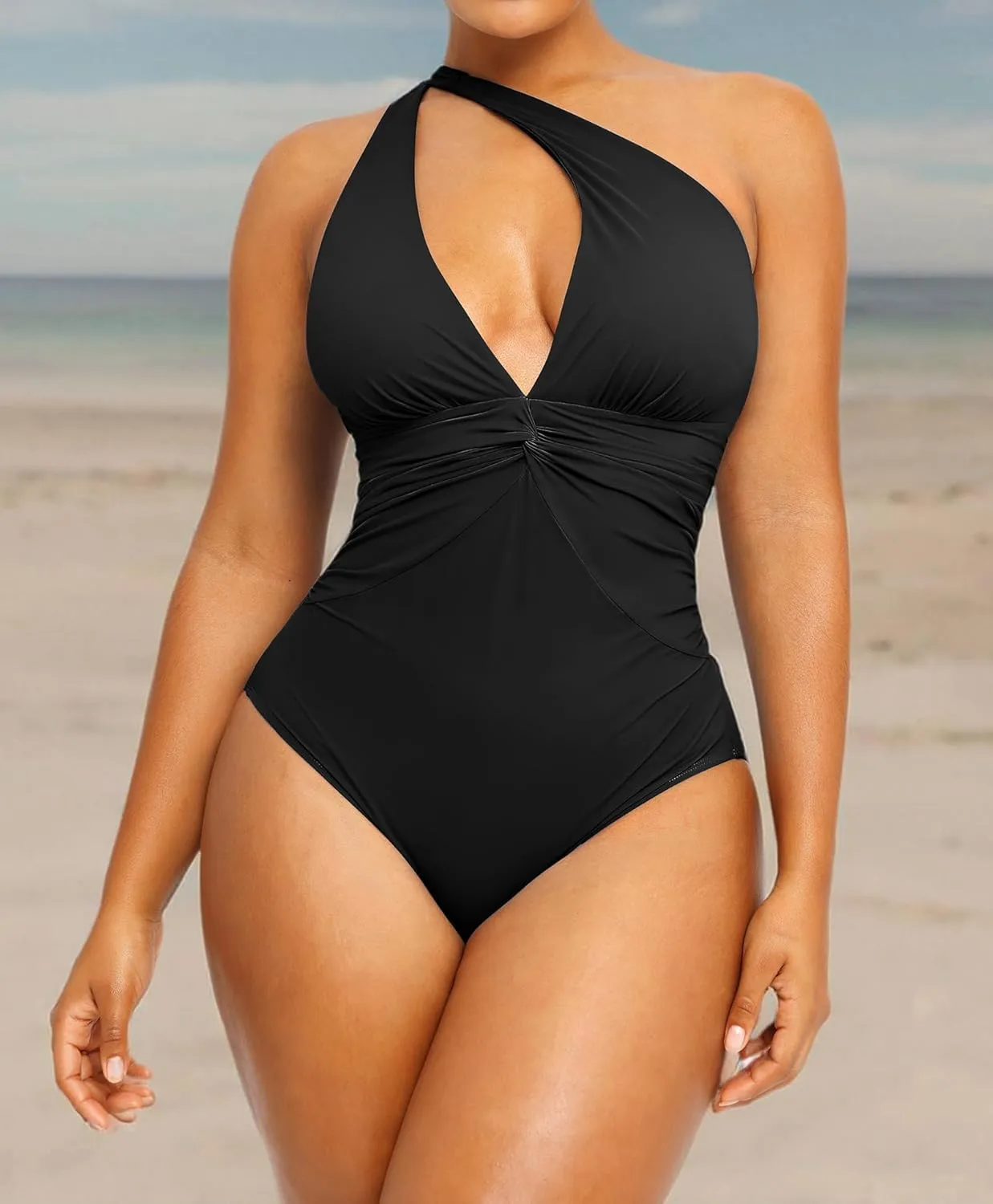 SHAPELLX Women's One Piece Swimsuit Tummy Control Ruched Full Coverage Bathing Suit V Neck Slimming Swimwear