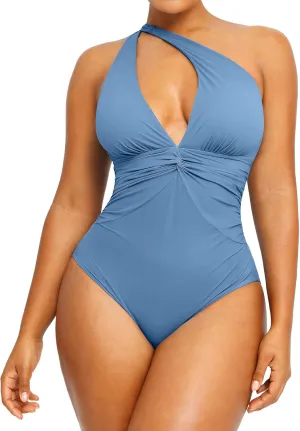 SHAPELLX Women's One Piece Swimsuit Tummy Control Ruched Full Coverage Bathing Suit V Neck Slimming Swimwear