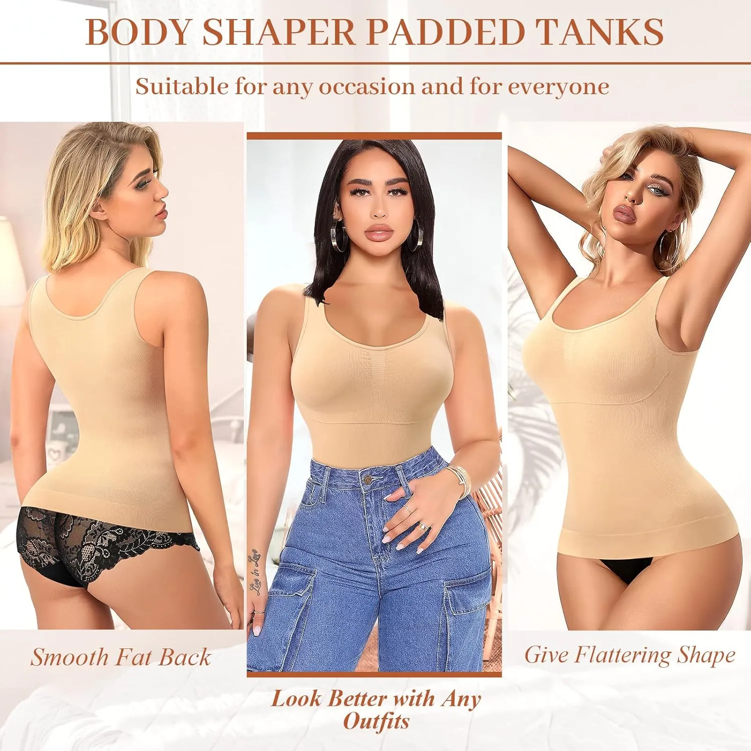 Shapewear Tank Tops for Women with Built in Bra Tummy Control Compression Camisoles Body Shaper Padded Tanks