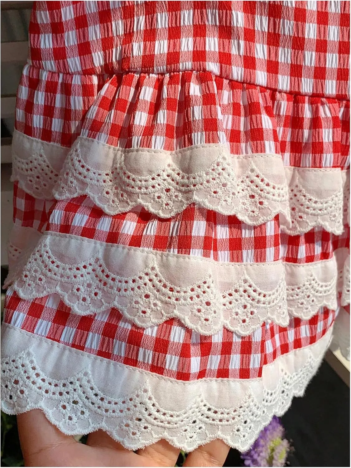 SHENHE Women's Gingham Skirt High Waist Lace Trim A Line Layered Ruffle Flare Mini Skirt