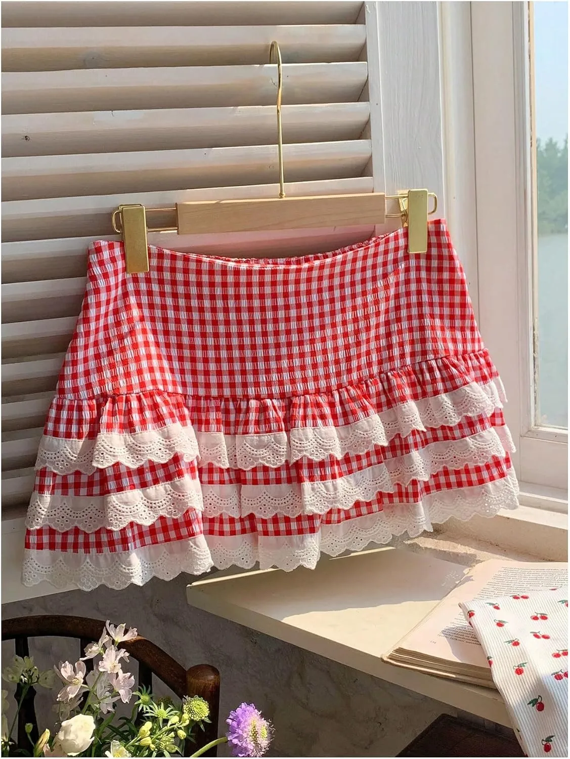 SHENHE Women's Gingham Skirt High Waist Lace Trim A Line Layered Ruffle Flare Mini Skirt