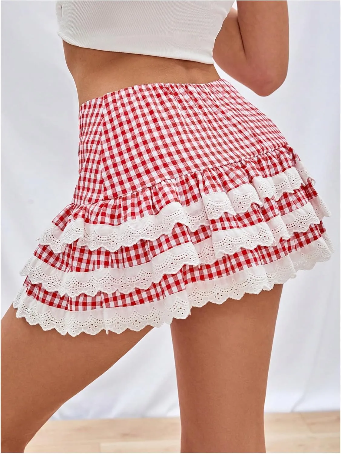 SHENHE Women's Gingham Skirt High Waist Lace Trim A Line Layered Ruffle Flare Mini Skirt