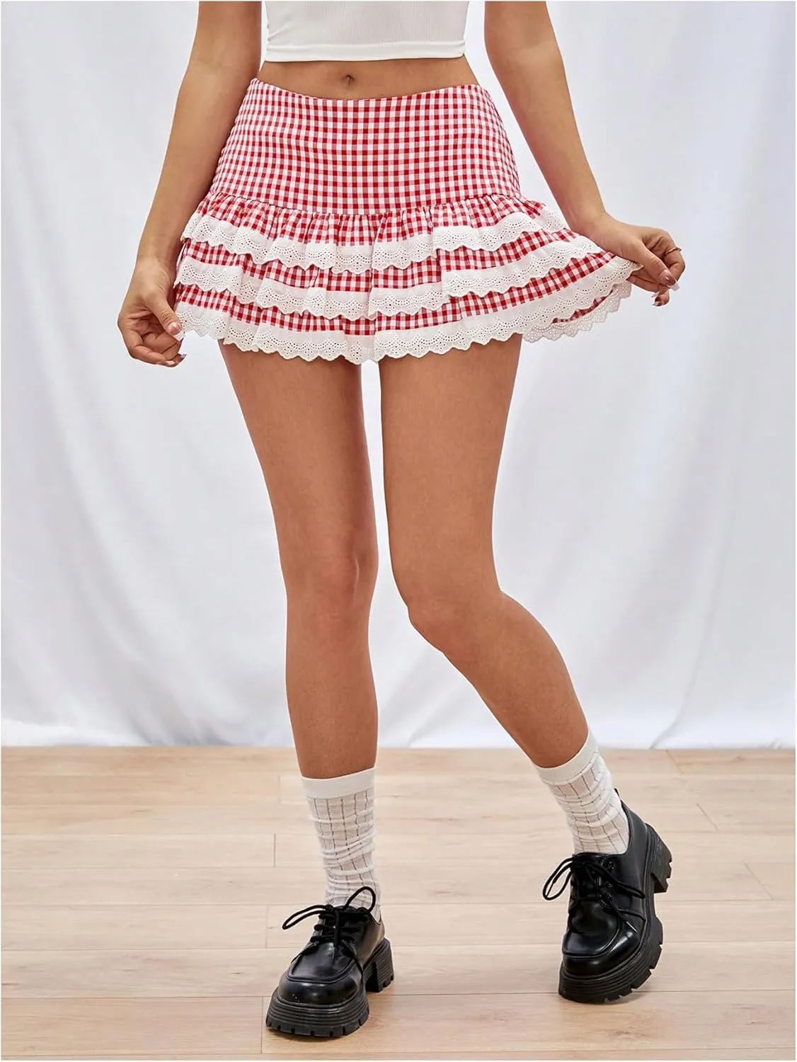 SHENHE Women's Gingham Skirt High Waist Lace Trim A Line Layered Ruffle Flare Mini Skirt