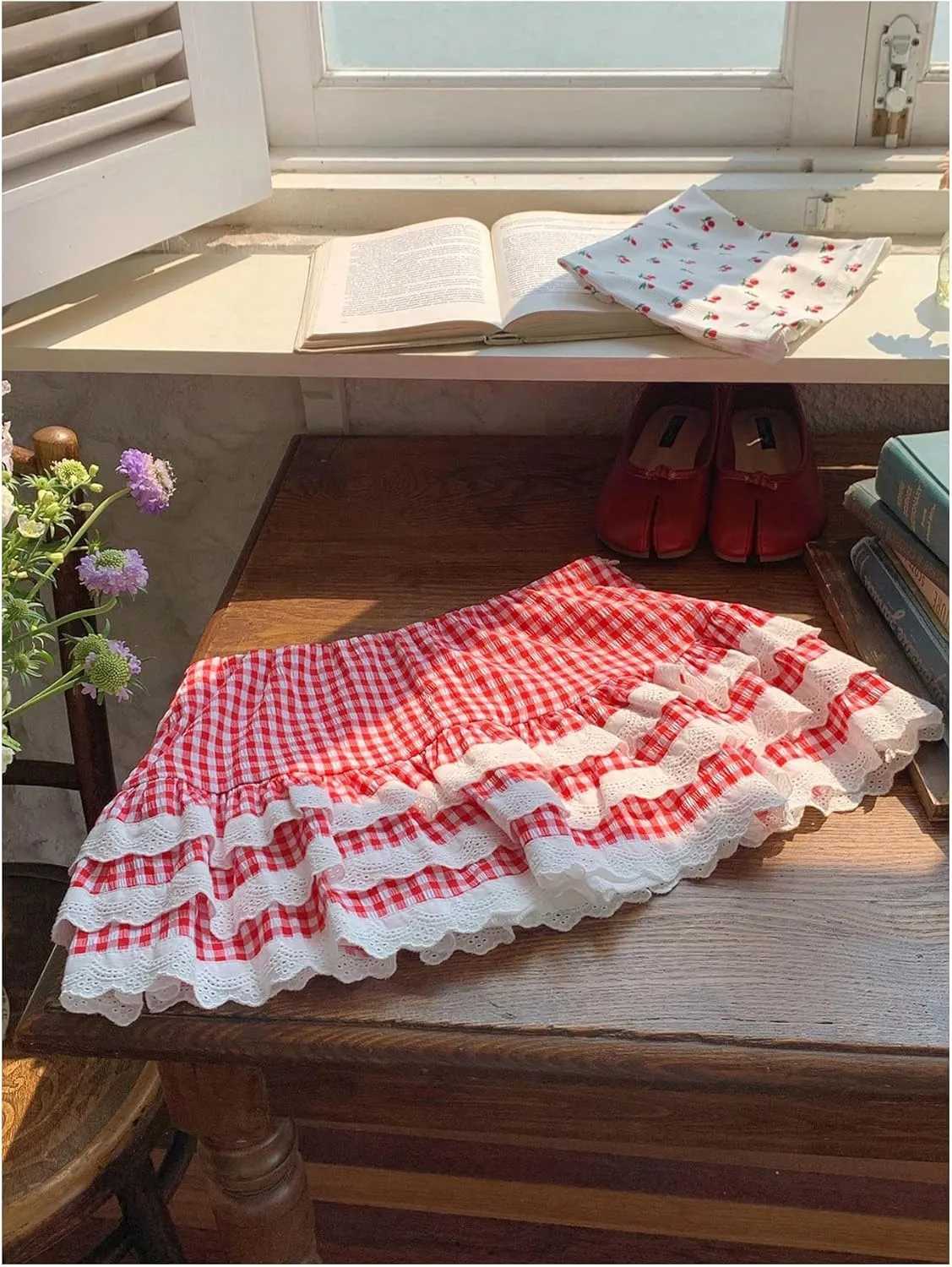 SHENHE Women's Gingham Skirt High Waist Lace Trim A Line Layered Ruffle Flare Mini Skirt