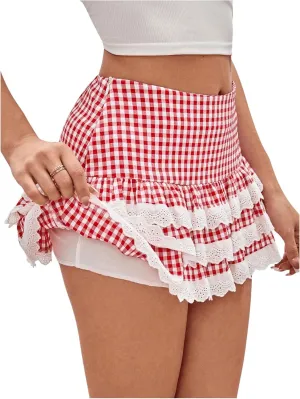 SHENHE Women's Gingham Skirt High Waist Lace Trim A Line Layered Ruffle Flare Mini Skirt