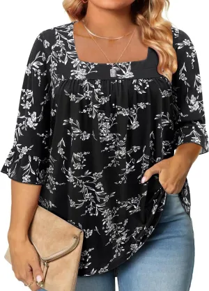 Siddhe Womens Plus Size Tops Loose Fit 3/4 Ruffle Sleeve Blouses Square Neck T Shirt Casual Tunic Tops(1X-5X)