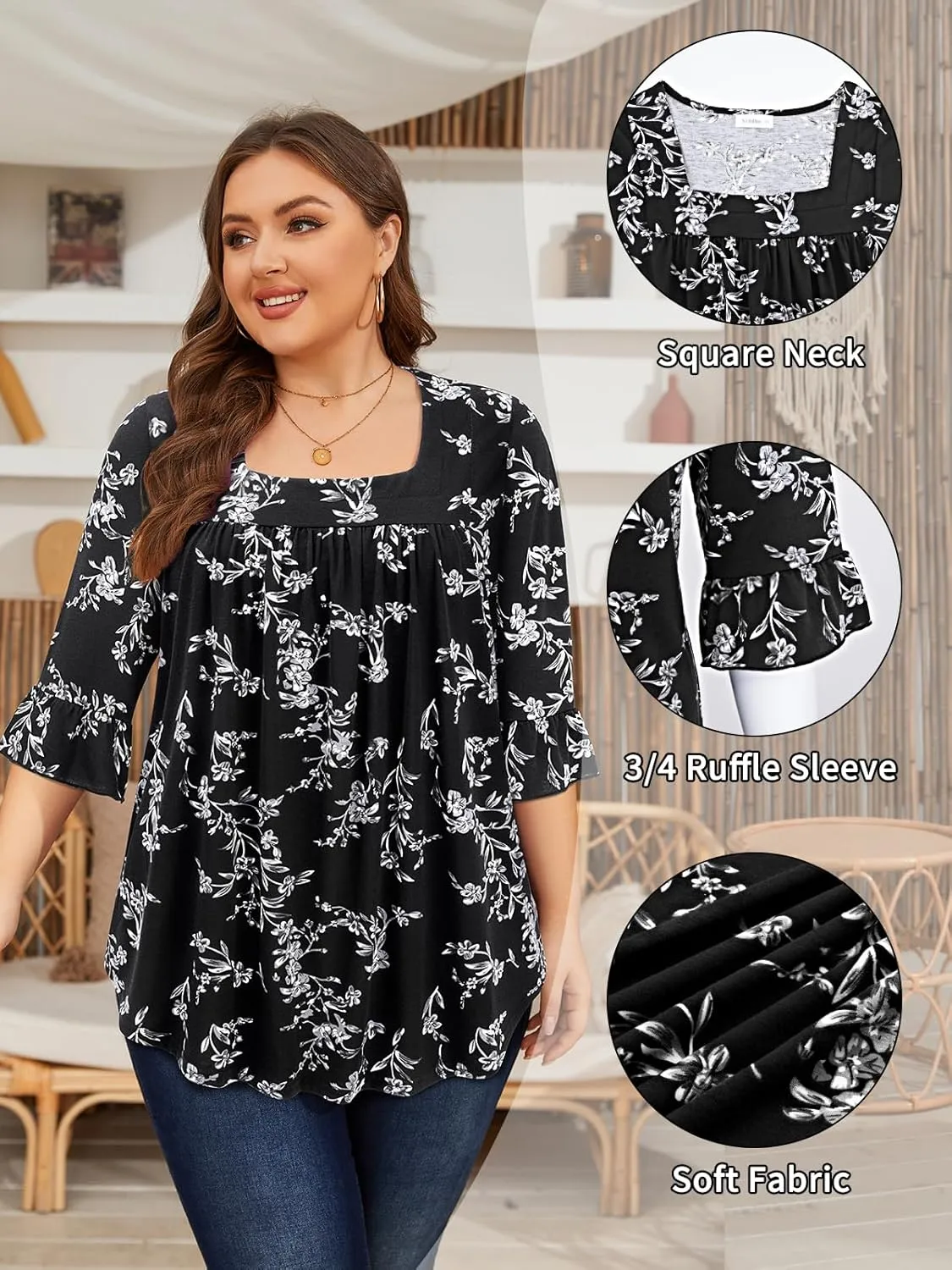 Siddhe Womens Plus Size Tops Loose Fit 3/4 Ruffle Sleeve Blouses Square Neck T Shirt Casual Tunic Tops(1X-5X)