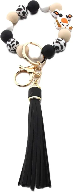 Silicone Beaded Keychain Bracelet with Leather Tassel, Highland Cow Charm, Women's Wristlet Key Ring Holder (Black)