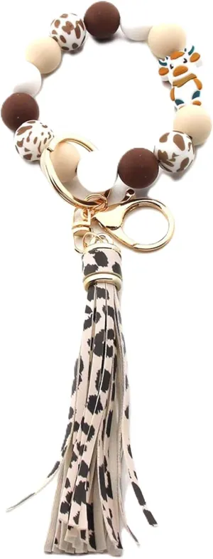 Silicone Beaded Keychain Bracelet with Leather Tassel, Highland Cow Charm, Women's Wristlet Key Ring Holder (Leopard)