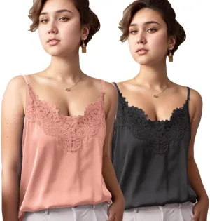 Silk Camisole Tops for Women, Sexy V-Neck Silk Satin Tank Tops Lace Trimmed Camisole