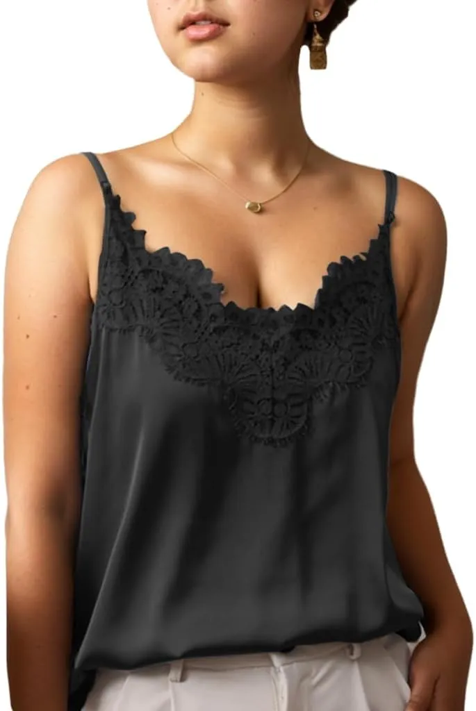 Silk Camisole Tops for Women, Sexy V-Neck Silk Satin Tank Tops Lace Trimmed Camisole