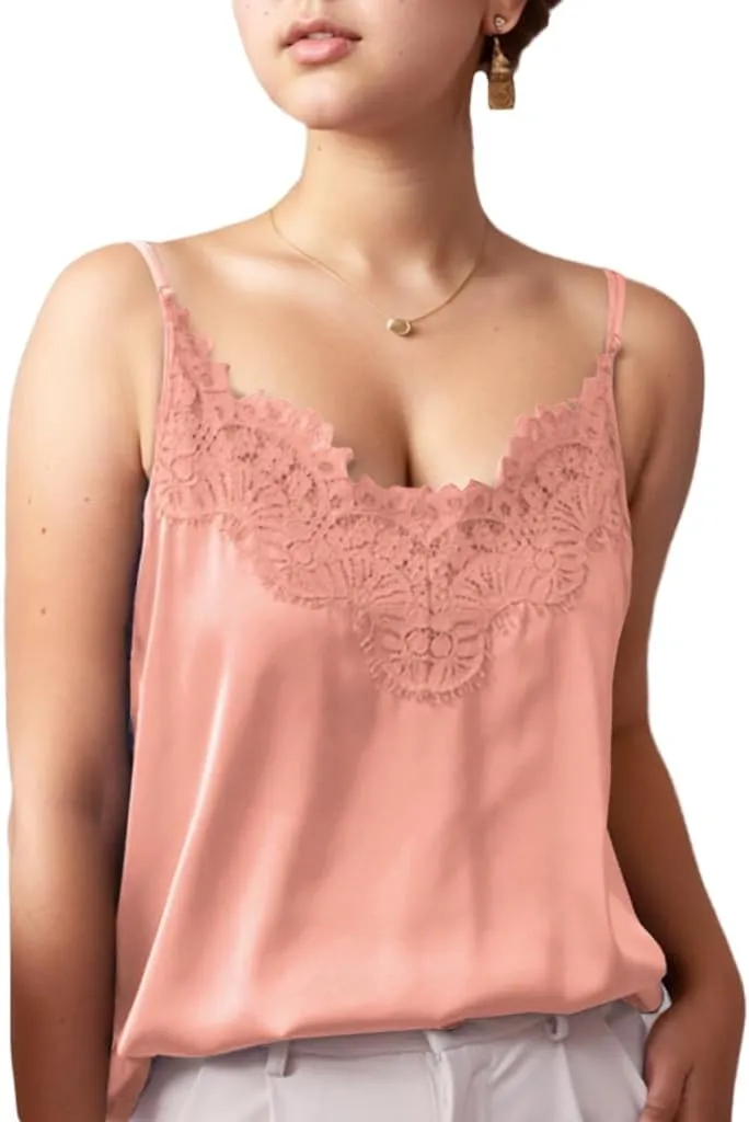 Silk Camisole Tops for Women, Sexy V-Neck Silk Satin Tank Tops Lace Trimmed Camisole