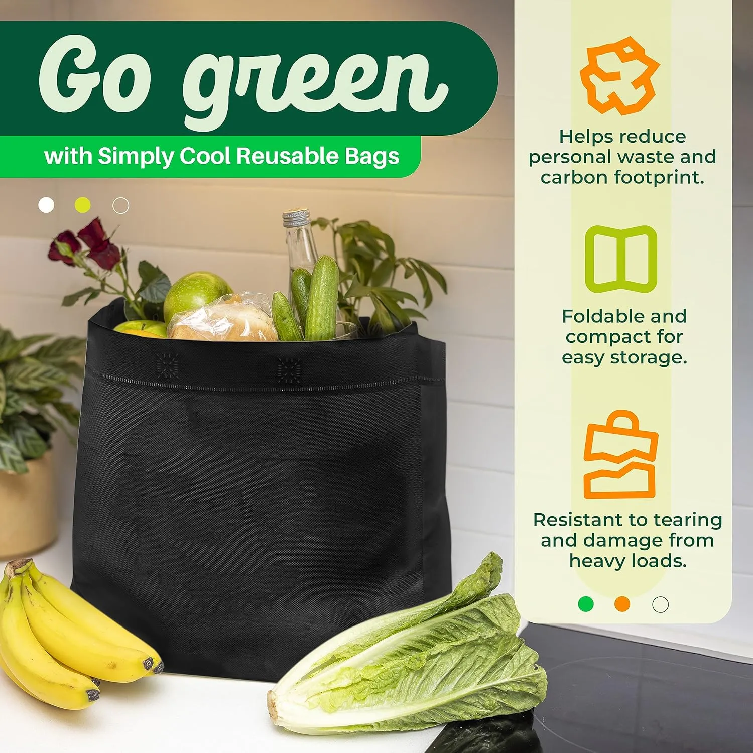 Simply Cool 50 Pack Black Reusable Eco-Friendly Grocery Shopping Bags 12.6"x6.3"x11.8" Durable, Recyclable Shopping Bags Washable, Foldable, Portable Tote Bags Bulk