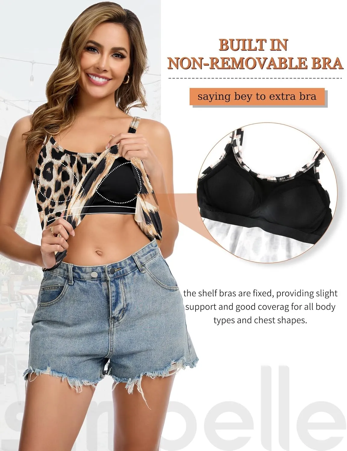 SLIMBELLE Camisole Tops for Women Built in Bra Shirts Adjustable Straps Pleat Scoop Neck Casual Tank Summer Top S-3XL