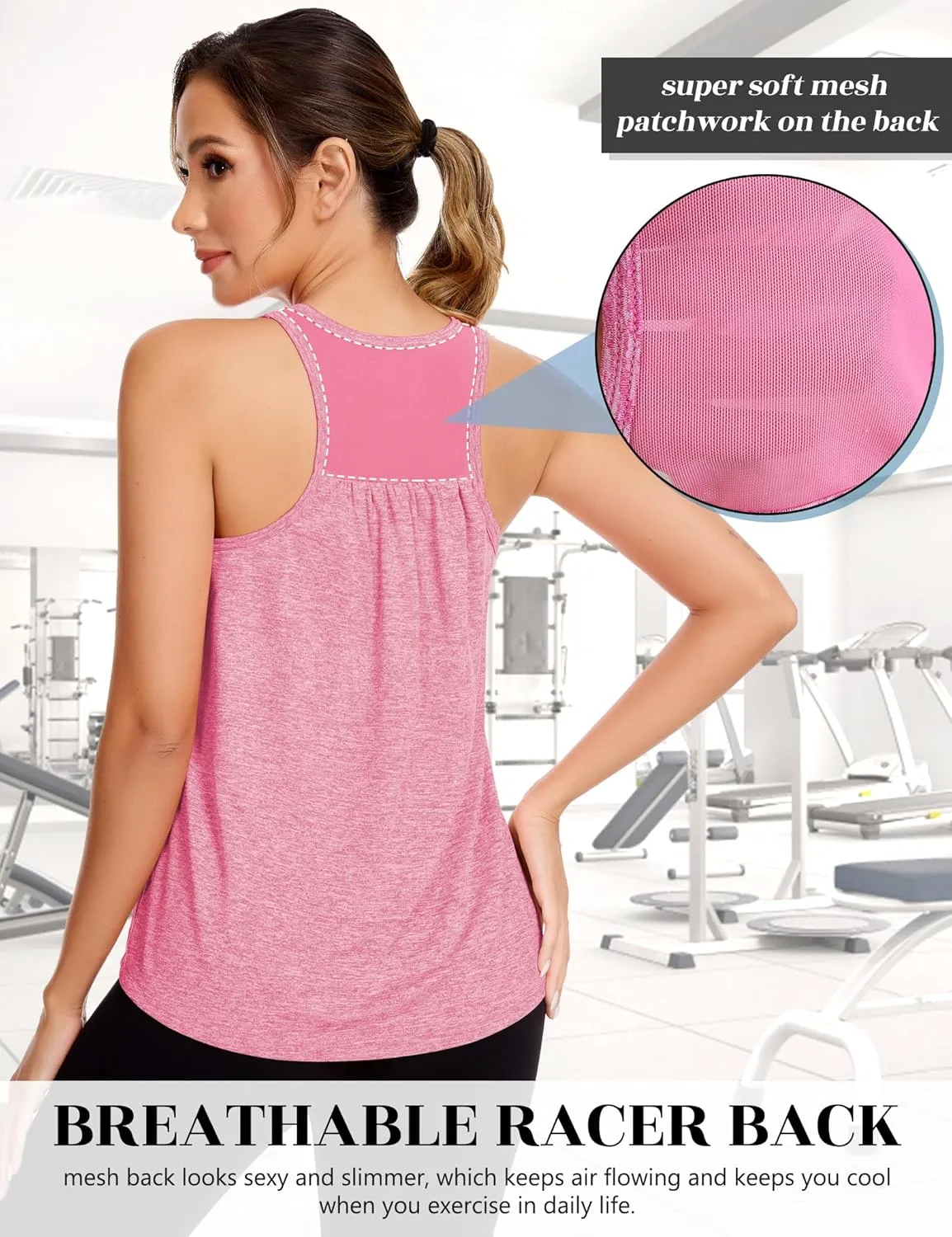 SLIMBELLE Mesh Racer Back Tank Tops Womens Gym Yoga Athletic Workout Tops Round Neck Sleeveless Cami with Built in Bra