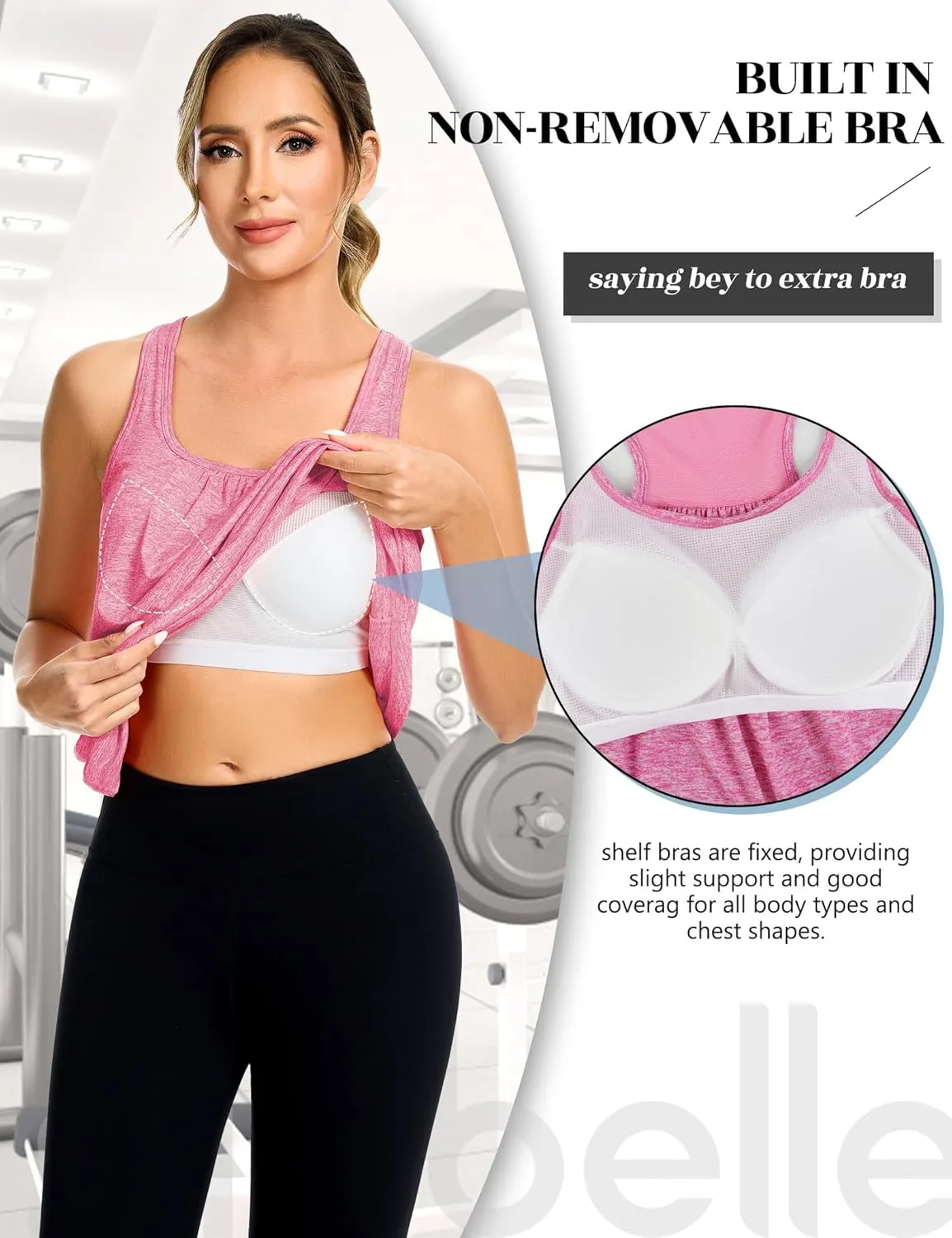 SLIMBELLE Mesh Racer Back Tank Tops Womens Gym Yoga Athletic Workout Tops Round Neck Sleeveless Cami with Built in Bra