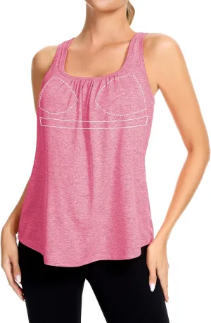 SLIMBELLE Mesh Racer Back Tank Tops Womens Gym Yoga Athletic Workout Tops Round Neck Sleeveless Cami with Built in Bra