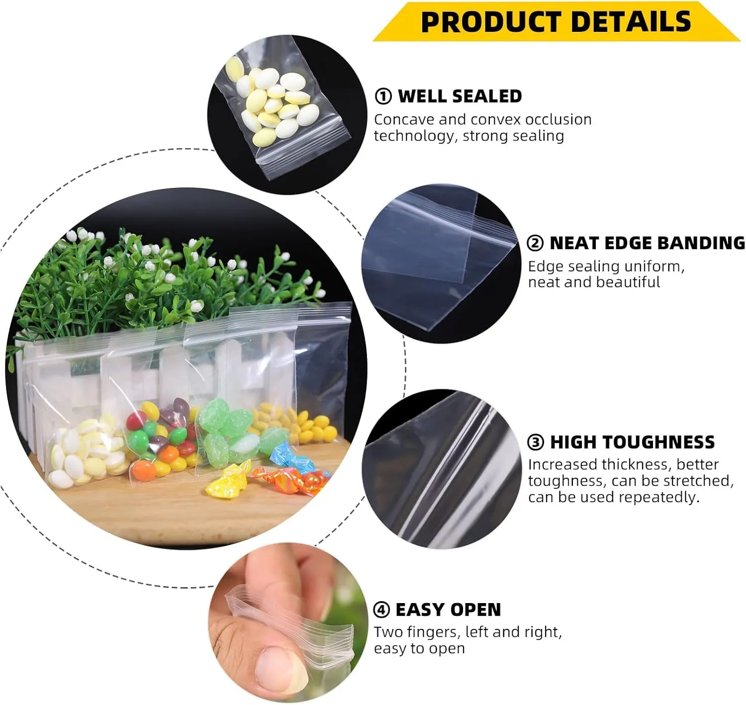 Small Zip Bags - 3x3, 1000pcs, Transparent, Durable Plastic Jewelry Bags with Resealable Zip Top Lock, Good for Vitamins, Snacks, Cookies, Coins, Candy