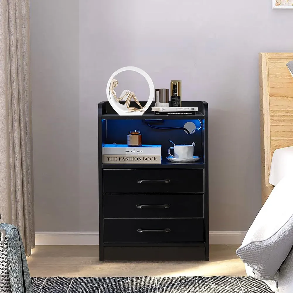 Smart LED Light Nightstand 3 Drawers with USB Port& Power Outlets