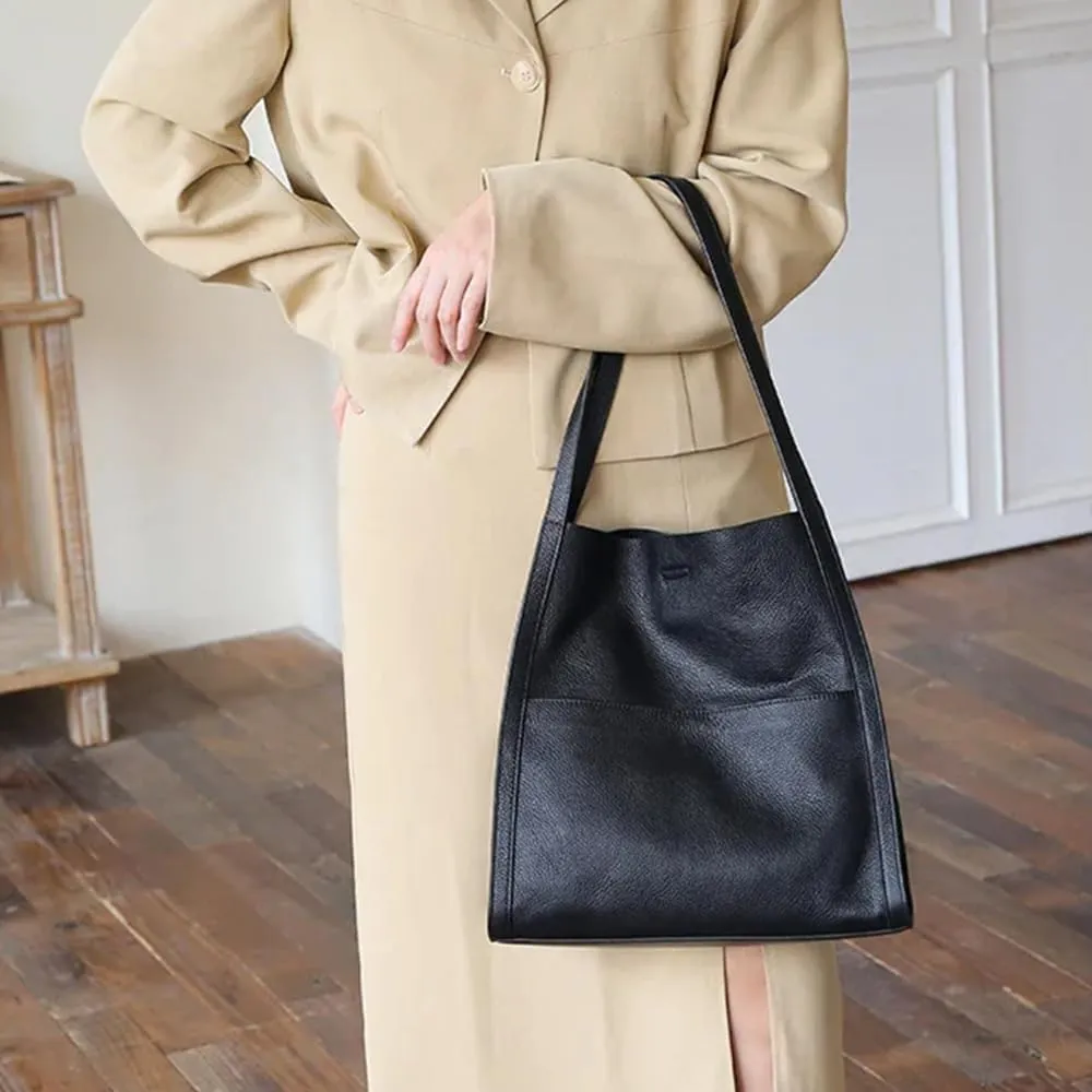 Solid Color Simple Genuine Leather Shoulder Bag, Genuine Leather Bucket Tote Bag, Women Large Capacity Totes Crossbody Bag