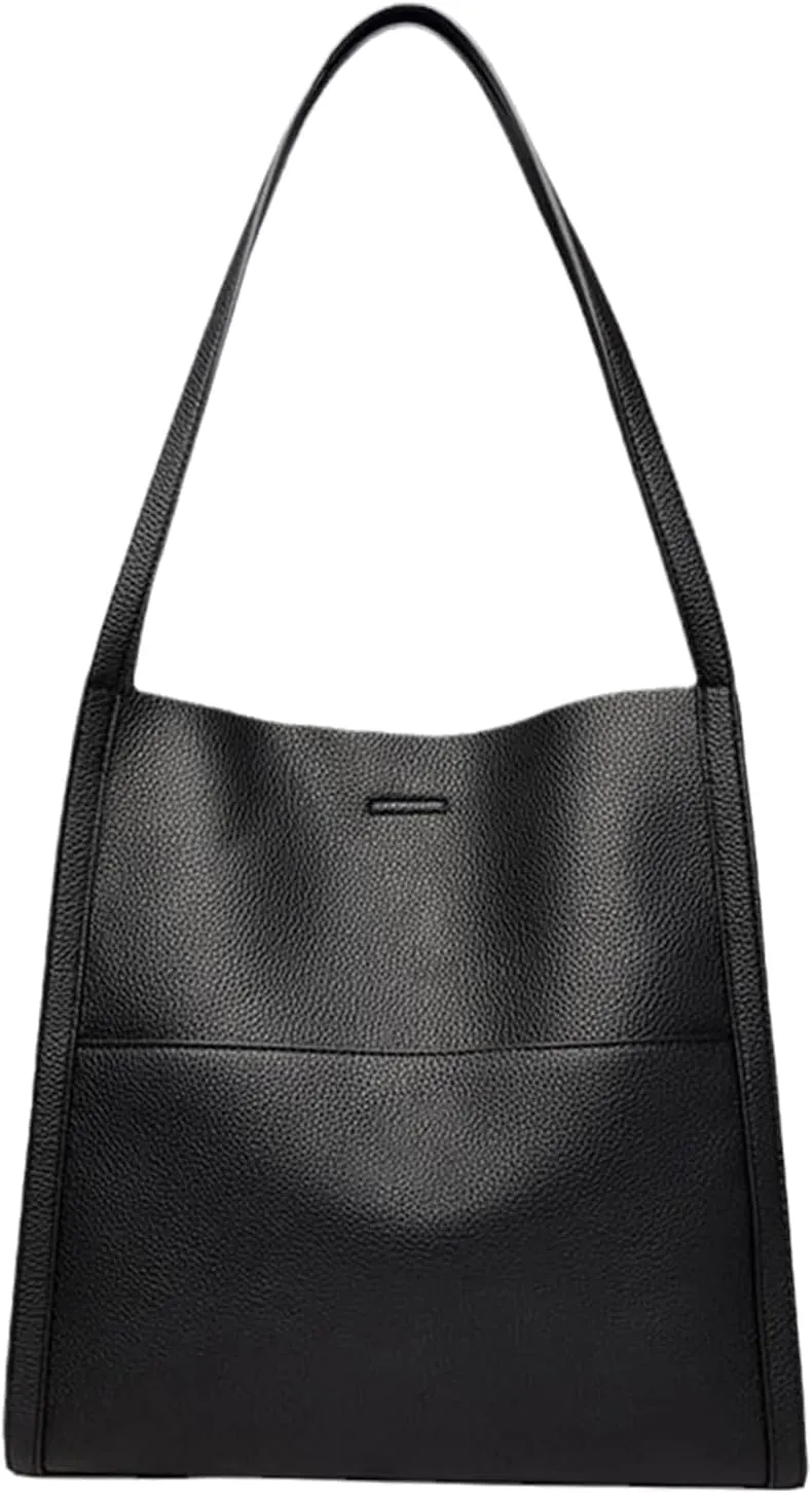 Solid Color Simple Genuine Leather Shoulder Bag, Genuine Leather Bucket Tote Bag, Women Large Capacity Totes Crossbody Bag