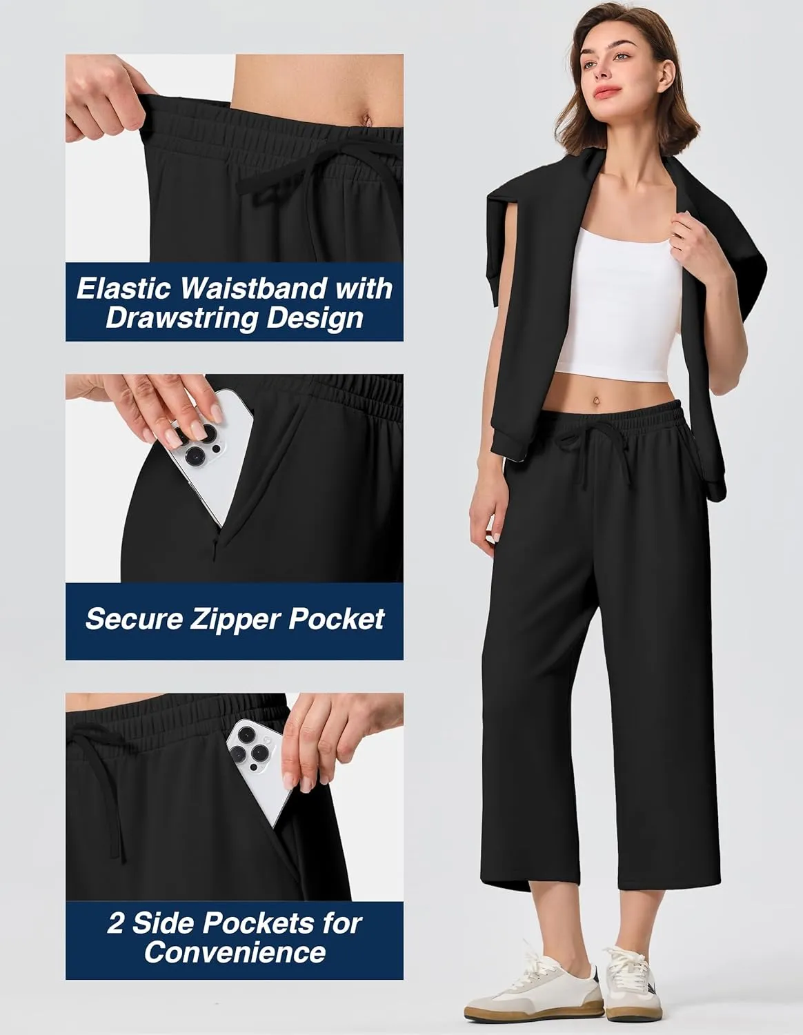 SPECIALMAGIC Capri Pants for Women Wide Leg Yoga Cropped Pants with Pockets 22" High Waist Lounge Yoga Casual