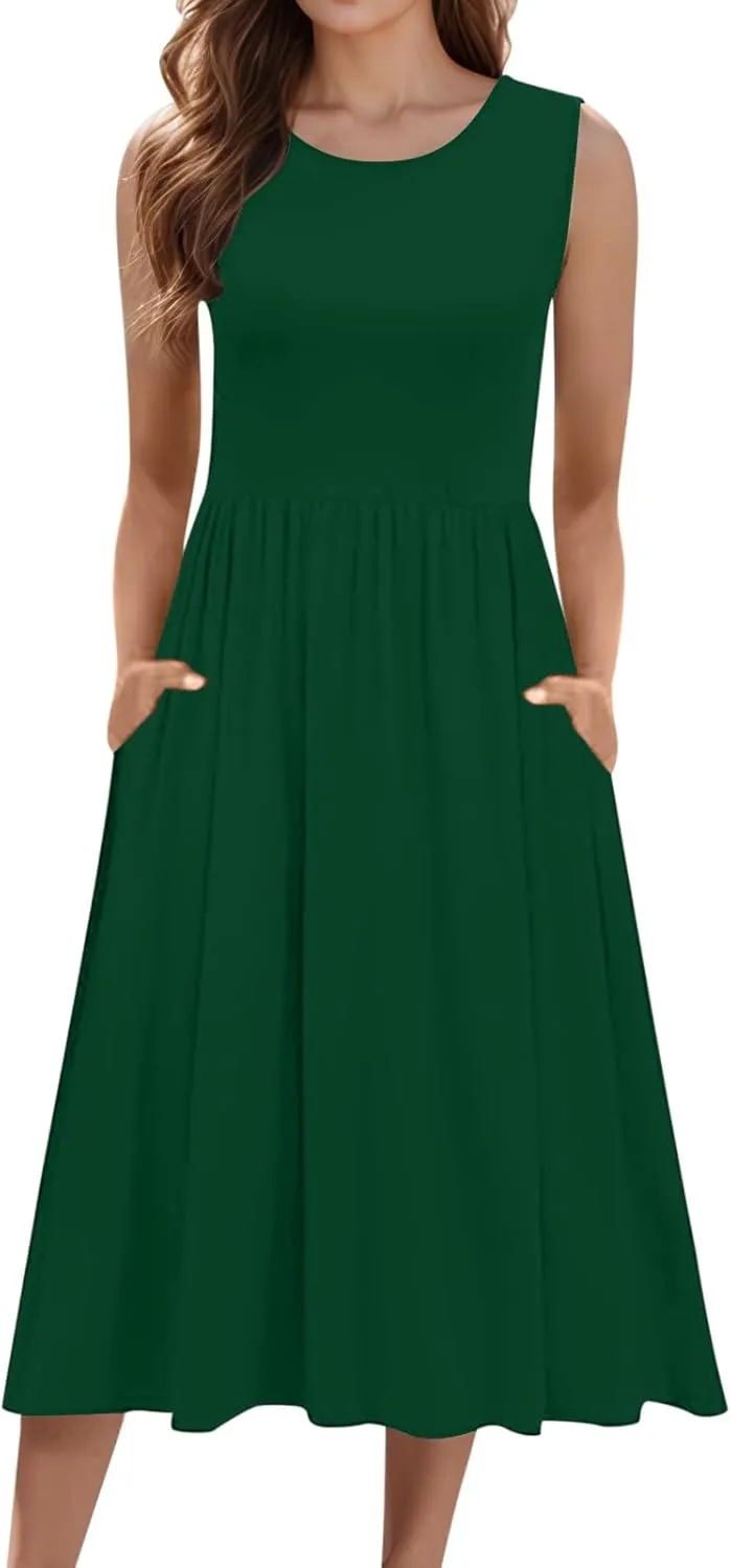 Spring Dresses for Women 2025 Midi Womens Casual Summer Tank Dress Loose Flowy Beach Dress with Pockets Flare Sundress