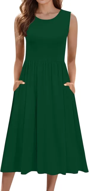 Spring Dresses for Women 2025 Midi Womens Casual Summer Tank Dress Loose Flowy Beach Dress with Pockets Flare Sundress