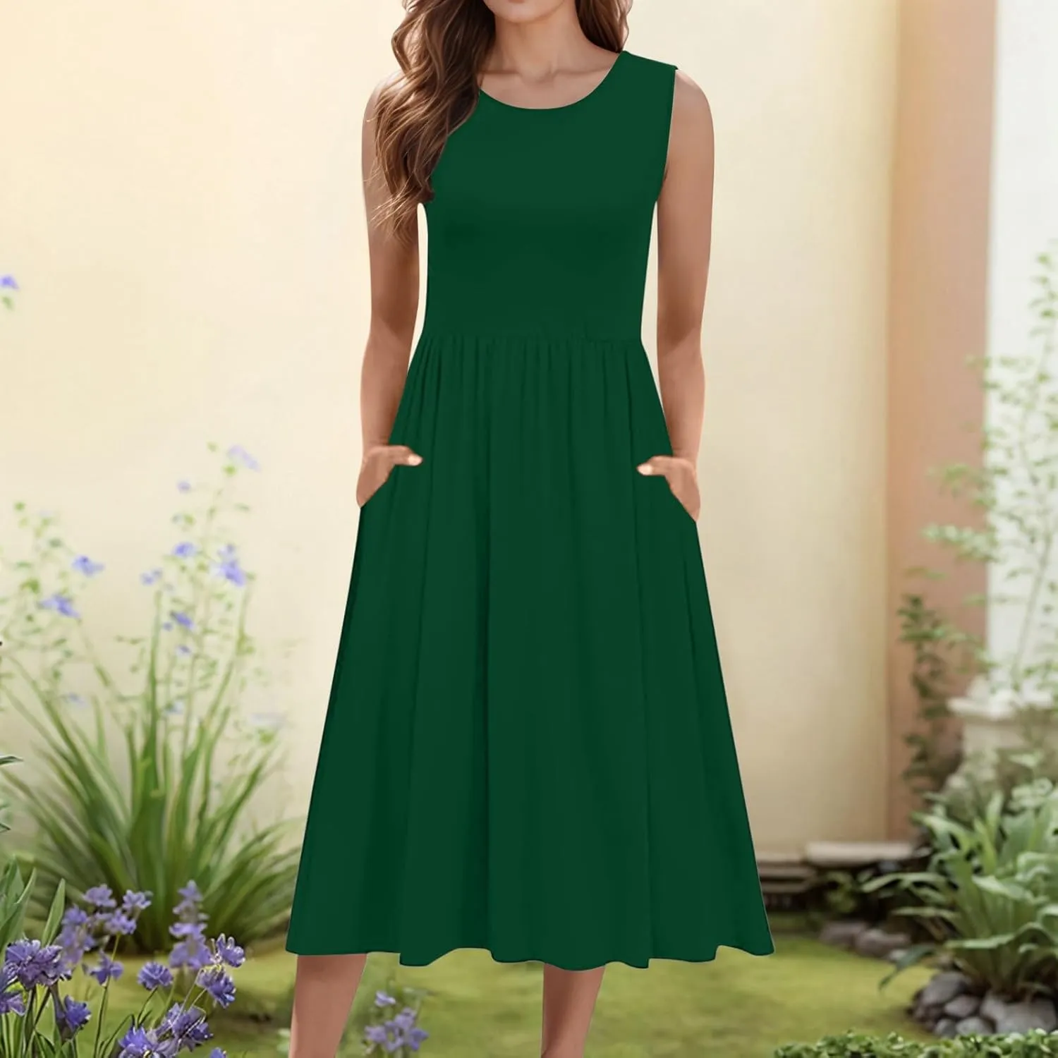 Spring Dresses for Women 2025 Midi Womens Casual Summer Tank Dress Loose Flowy Beach Dress with Pockets Flare Sundress