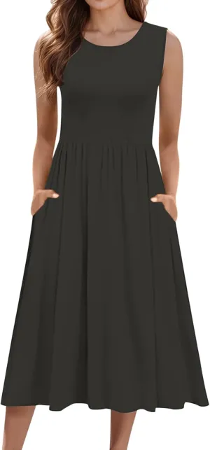 Spring Dresses for Women 2025 Midi Womens Casual Summer Tank Dress Loose Flowy Beach Dress with Pockets Flare Sundress