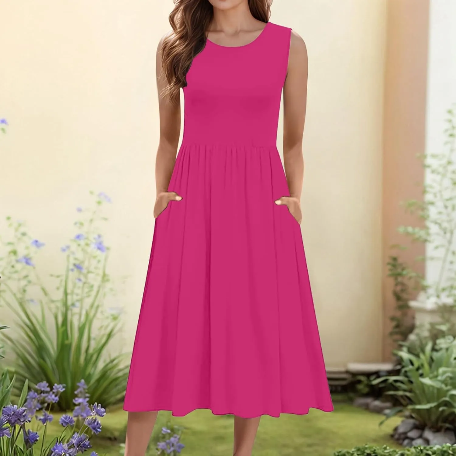 Spring Dresses for Women 2025 Midi Womens Casual Summer Tank Dress Loose Flowy Beach Dress with Pockets Flare Sundress