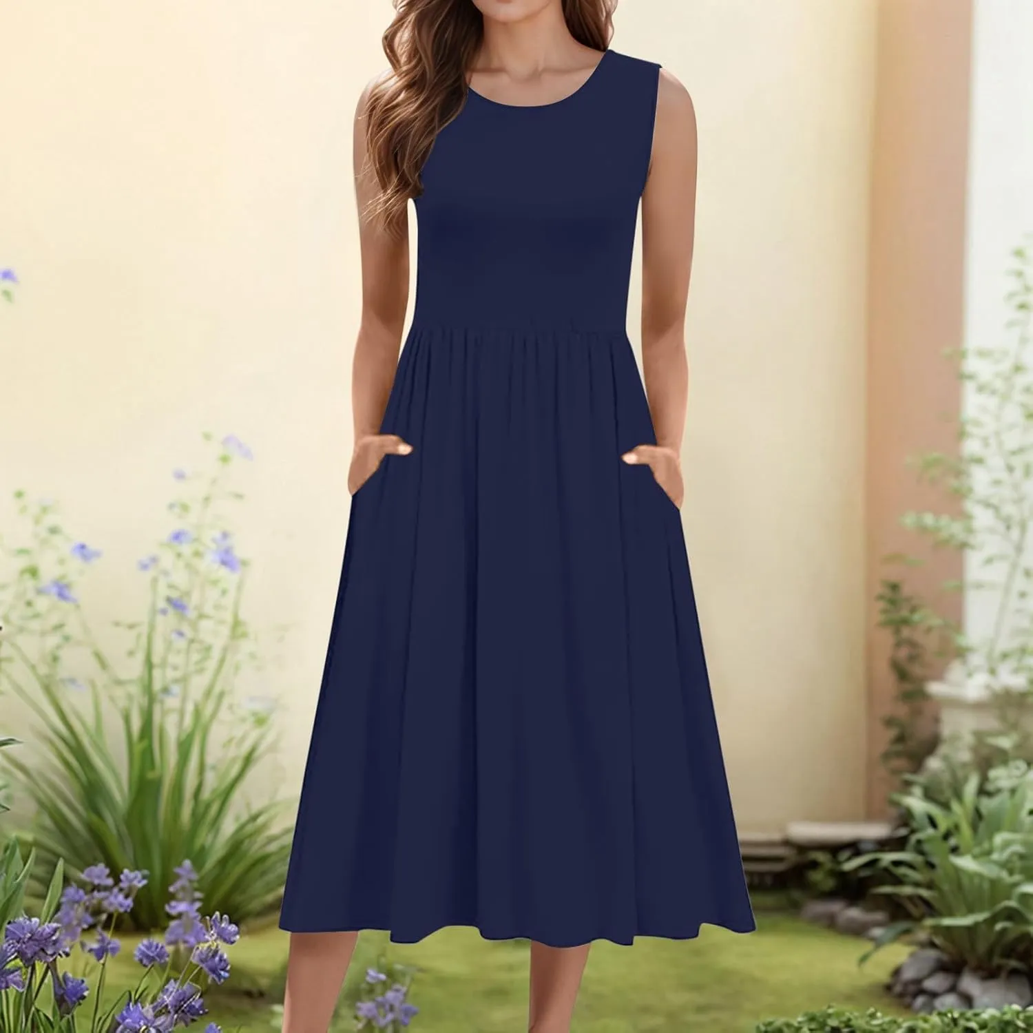 Spring Dresses for Women 2025 Midi Womens Casual Summer Tank Dress Loose Flowy Beach Dress with Pockets Flare Sundress