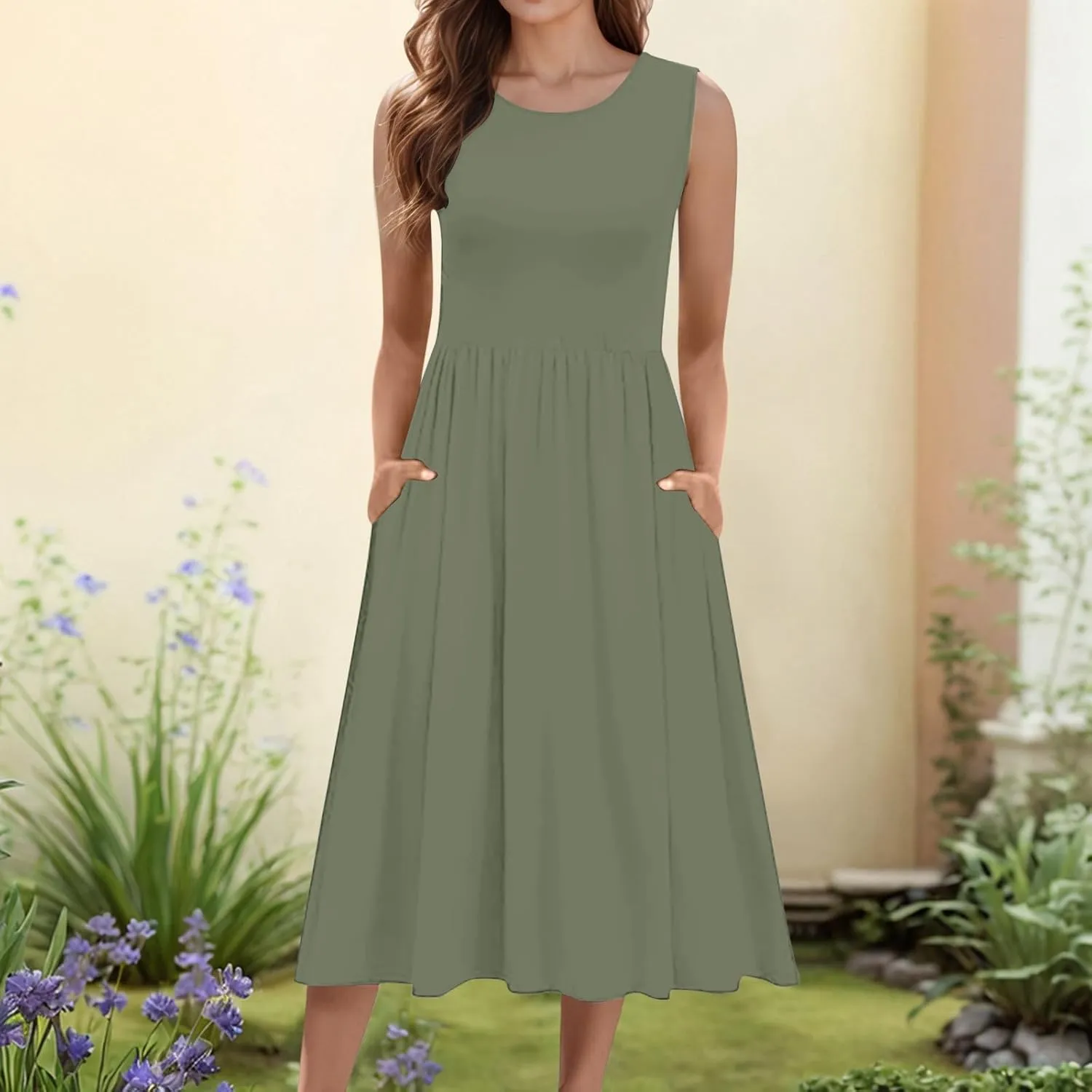 Spring Dresses for Women 2025 Midi Womens Casual Summer Tank Dress Loose Flowy Beach Dress with Pockets Flare Sundress