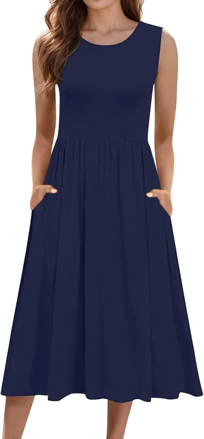 Spring Dresses for Women 2025 Midi Womens Casual Summer Tank Dress Loose Flowy Beach Dress with Pockets Flare Sundress