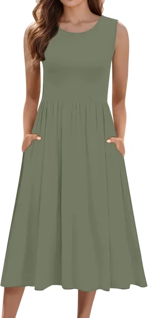 Spring Dresses for Women 2025 Midi Womens Casual Summer Tank Dress Loose Flowy Beach Dress with Pockets Flare Sundress