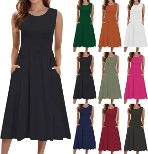 Spring Dresses for Women 2025 Midi Womens Casual Summer Tank Dress Loose Flowy Beach Dress with Pockets Flare Sundress