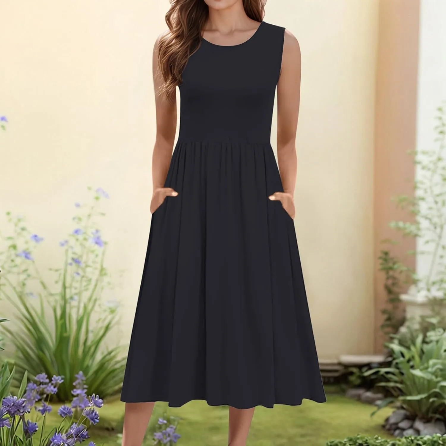 Spring Dresses for Women 2025 Midi Womens Casual Summer Tank Dress Loose Flowy Beach Dress with Pockets Flare Sundress