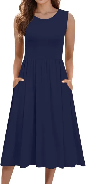 Spring Dresses for Women 2025 Midi Womens Casual Summer Tank Dress Loose Flowy Beach Dress with Pockets Flare Sundress