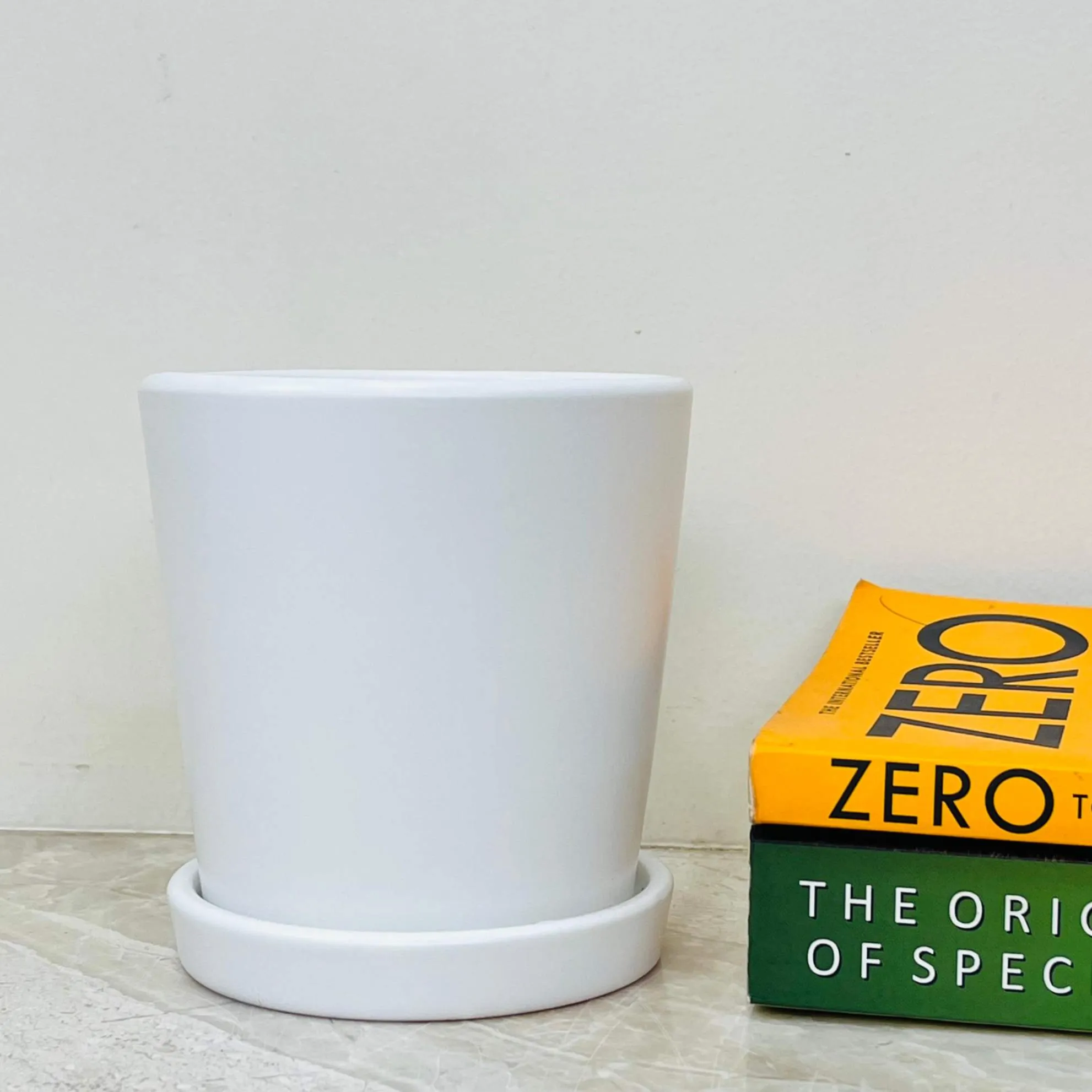 Stylish White Ceramic Pot with Matching Base Tray
