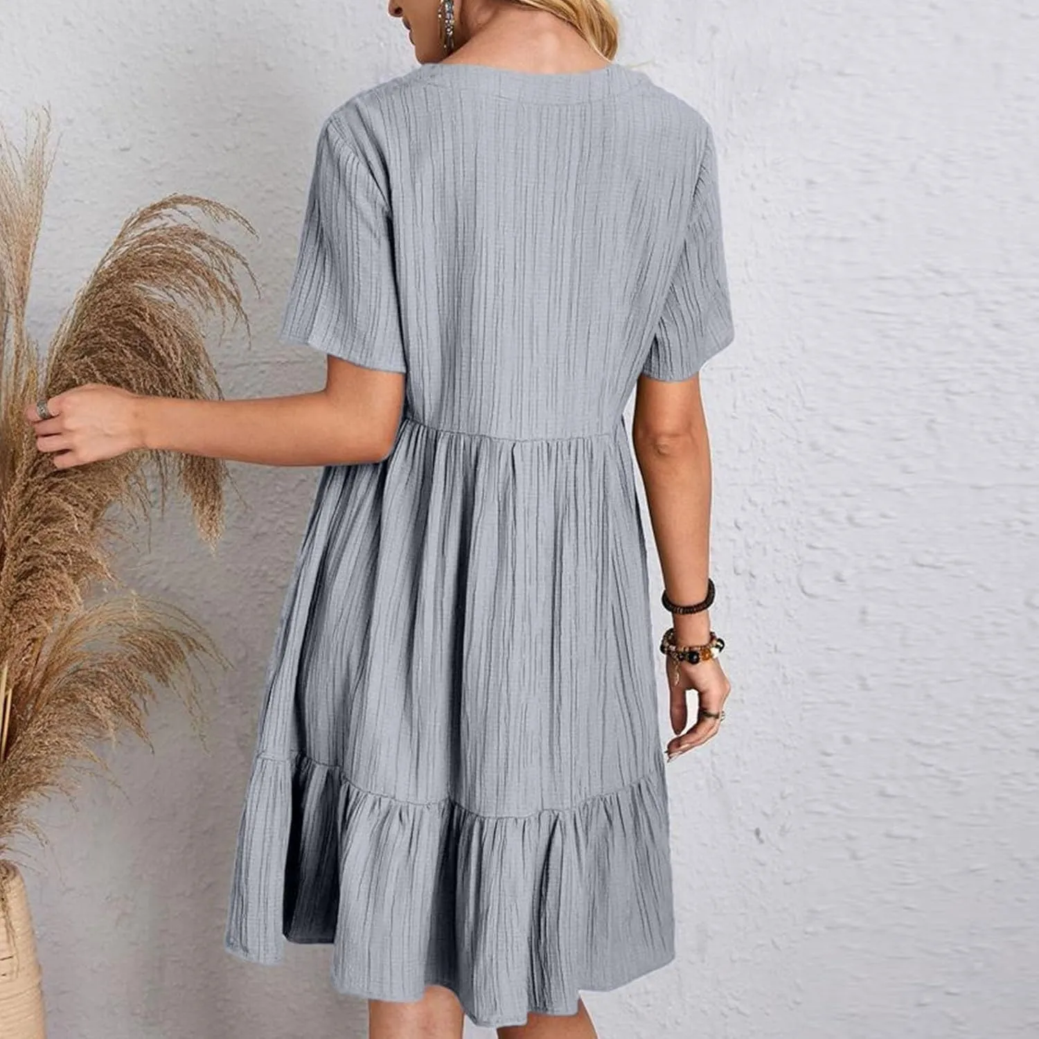 Summer Dresses for Women 2025 Pleated Tiered A Line Flowy Midi Dress Ladies Casual Fashion Short Sleeve V Neck Sundresses
