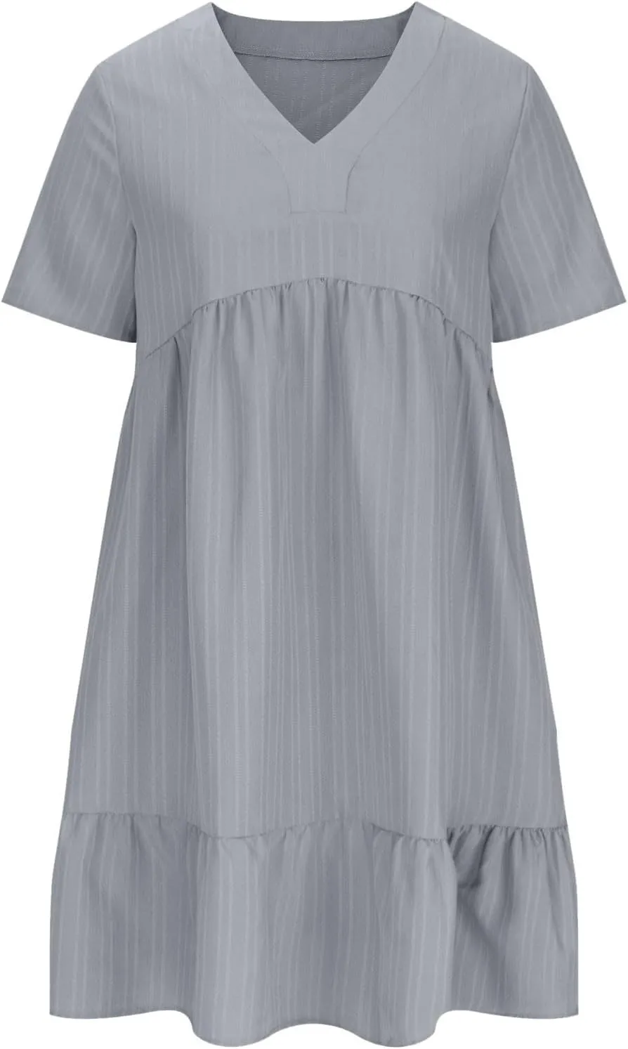 Summer Dresses for Women 2025 Pleated Tiered A Line Flowy Midi Dress Ladies Casual Fashion Short Sleeve V Neck Sundresses