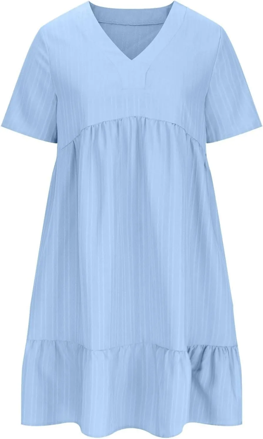 Summer Dresses for Women 2025 Pleated Tiered A Line Flowy Midi Dress Ladies Casual Fashion Short Sleeve V Neck Sundresses
